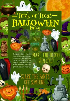 Halloween pumpkin and witch hat poster. October holiday horror night party banner with scary ghost and candle lantern, bat and skeleton skull, cemetery grave and coffin with cat and zombie background