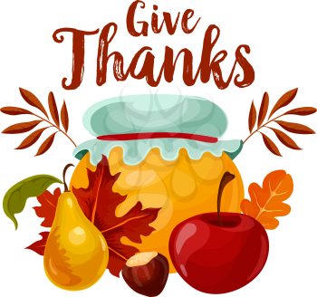 Thanksgiving Day holiday icon of fall harvest fruit and autumn leaf. Ripe apple and pear with jar of fruit jam or honey isolated symbol, decorated by chestnut and orange foliage of maple and oak tree