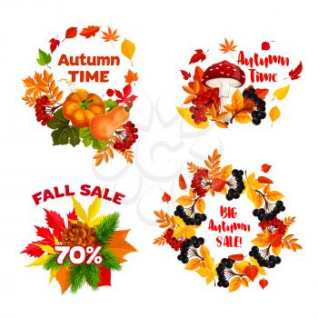 Autumn Big Sale icons and Fall Time design templates of 70 percent discount off for seasonal promo shopping. Vector wreath set of maple leaf, oak acorn or rowan berry and pumpkin harvest with mushroom