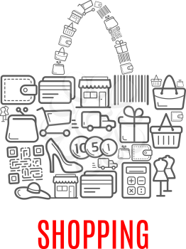 Shopping poster of woman shop bag or purse combined of vector retail and sale purchase icons of shopping cart, bar code, dress mannequin in shoes or money cash coins in wallet or credit card and gift