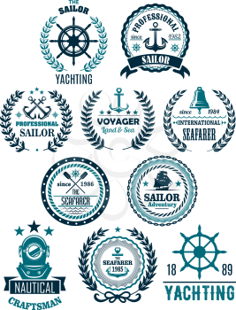 Yachting and nautical seafarer adventure heraldic icons set. Vector isolated badges of ship anchor or helm, navy captain compass or wind rose and laurel wreath on stars for sailor voyager club