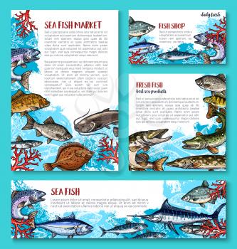 Fresh fish poster or banners templates for seafood or fish food market or shop. Vector set of fishing big catch of tuna, flounder or eel and salmon, marlin or pike and mackerel or herring sprats