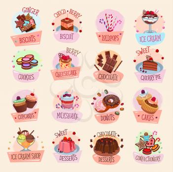 Bakery shop cookies and pastry icons. Vector isolated set sweet tiramisu torte, cheesecake or pudding pie, ice cream dessert and chocolate biscuit cupcake or fruit roll for patisserie or confectionery