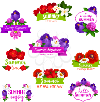 Summer flowers bouquets and bunches icons with summertime greeting quotes of Hello and Enjoy Summer. Vector set of blooming roses, begonia and clover blossoms, poppy and daisy in flourish bloom