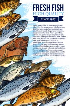 Fresh fish poster template for seafood or fish food market or fishing shop. Vector design of fisherman catch flounder, salmon and tuna, mackerel, marlin or pike and herring, navaga or perch and sprat
