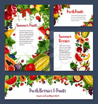 Fruits and berries banners or posters templates. Vector set of exotic durian, mango or papaya and watermelon, black currant, cherry and apple or garnet, peach, banana fruit and grape berry or plum