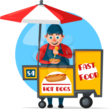Street food or fast food hawker vendor truck of hot dog sandwiches or burgers. Vector flat icon of man seller on booth cart for Chinese, Mexican, Arabian or Turkish and Indian fastfood