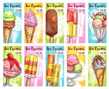 Ice cream fresh desserts price cards set of vector frozen ice cream scoops in wafer cones, chocolate eskimo on waffle, strawberry gelato in bowl and sundae caramel glaze with honey and berry topping