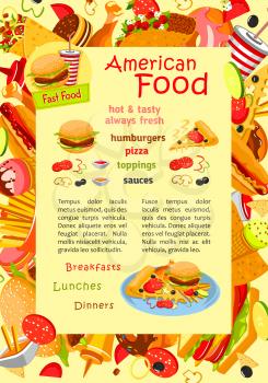Fast food burger and barbecue meals poster template. Vector snacks and sandwiches hot dog, cheeseburger or hamburger, pizza and onion rings or ice cream and chocolate cookie cake dessert