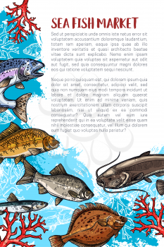 Sea fish fresh food poster for seafood market or shop. Vector fisherman big fishes catch of pike, herring or trout and sprat, flounder or mackerel and crucian, salmon or tuna and marlin or navaga