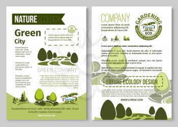 Green city environment and eco gardening company poster template. Vector nature landscape design for parkland squares, ecology forest trees, gardens or woodlands of urban horticulture planting