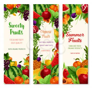 Fresh fruits banners for summer farm fruit market. Vector set of exotic pineapple, garden apple or watermelon and melon, mango or papaya and avocado, apricot or pear and plum fruit harvest