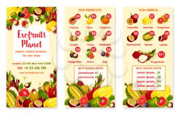 Exotic tropical fruits price menu template for fruit store or market. Vector design of durian, mango or orange pomelo and feijoa, papaya or mangosteen and rambutan or dragon fruit and carambola