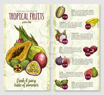 Exotic tropical fruits price list poster template for fruit store or market. Vector design of durian, carambola starfruit or dragon fruit and lychee, fresh fig or guava and feijoa tropic fruit harvest
