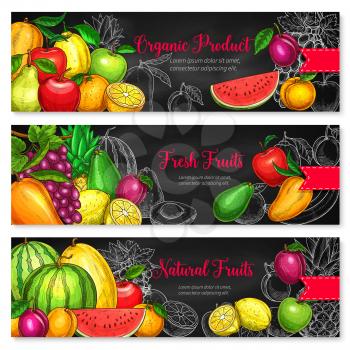 Fruits banners of fresh watermelon, melon or avocado and apple, farm harvest pear, peach or plum and tropical pineapple or exotic kiwi and orange for organic product or fruit farm market