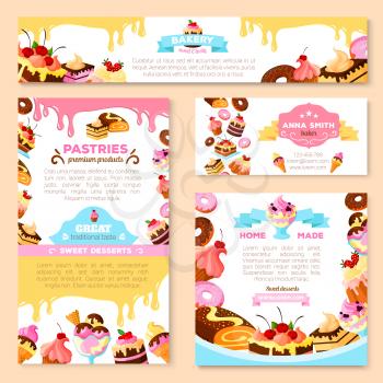Bakery shop or pastry patisserie banners and posters templates set. Vector dessert cakes and pastry cupcakes, chocolate biscuits or brownie and tiramisu, fruit pies and puddings or ice cream for cafe