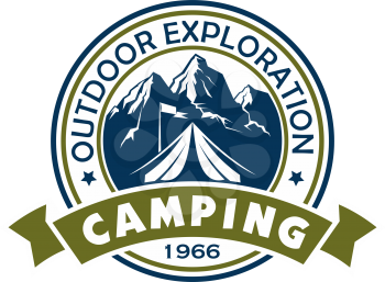 Camping and outdoor recreation badge. Camping holiday in mountain isolated round stamp with camp tent and mountain peaks on background, decorated by ribbon banner for travel, tourism and hiking design