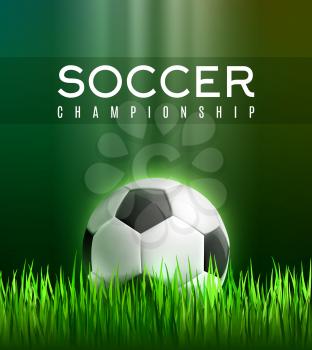Soccer sport championship 3d poster. Football play field with green grass and soccer ball for football sport game competition event and soccer tournament match announcement banner design