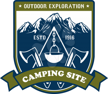 Camping and outdoor adventure icon. Mountain or forest campsite badge on shield with scout campfire, camping equipment and snowy mountain peaks, adorned with crossed axe, ribbon banner and stars
