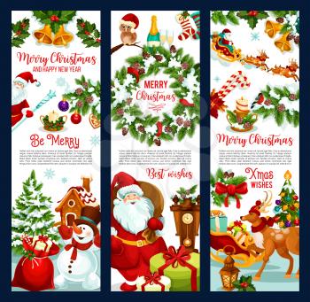 Merry Christmas greeting banners and Xmas wishes for happy winter holidays celebration. Vector Christmas tree wreath garland and golden bell decoration, snowman and New Year Santa presents gift bag