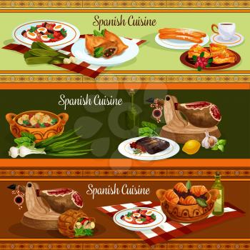 Spanish cuisine restaurant banners set of traditional food. Fish potato stew, iberian ham, vegetable sausage stew, salmon pie, beef steak with pepper sauce, lamb pie, bread soup, fried cookie churro