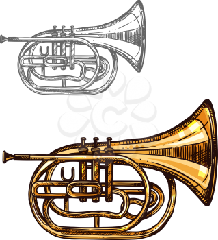 Trumpet music instrument sketch. Horn or cornet of jazz orchestra equipment, wind brass musical instrument isolated vector icon for musical concert or festival of classic music themes design