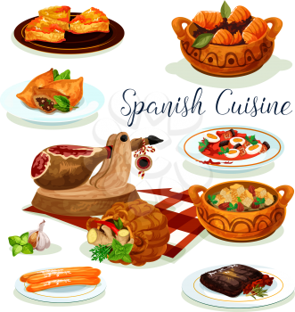 Spanish cuisine menu poster. Iberian ham, fish potato stew, sausage stew with vegetable and bean, salmon and lamb meat pie, beef steak with pepper tomato sauce, bread almond soup, fried cookie churros