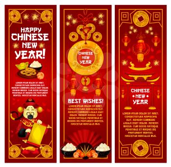 Chinese New Year greeting banner with oriental lantern. God of prosperity and wealth with golden coin, pagoda and paper fan festive card, decorated by firework for Lunar New Year themes design