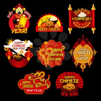 Chinese Lunar New Year holiday label set. Red lantern, dragon, firecracker and fortune coin knot ornament, fan, orange fruit and parchment scroll, god of wealth, gold ingot and firework festive badge