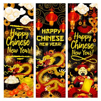 Happy Chinese New Year greeting banners of golden dragon, tangerines and gold coin or ingot. Vector traditional Chinese fireworks in clouds, dumplings and red paper lanterns in clouds decoration