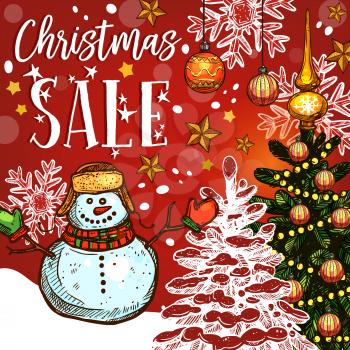 Christmas sale banner of winter holidays discount offer. Christmas tree with star, snowflake and ball, snowman and Xmas lights for New Year and Xmas seasonal sale promotion and shopping design
