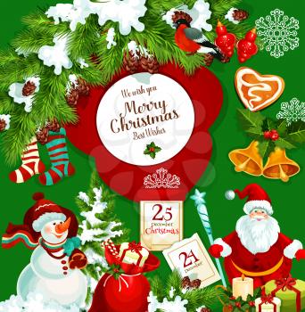 Santa Claus with Christmas gift poster for winter holidays greeting card. Snowman with santa gift bag and candy cane, xmas tree and holly branch with bell, ball, snowflake and candle, sock and cookie