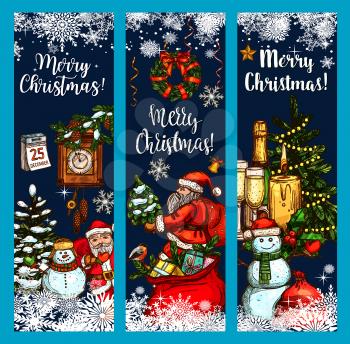 Merry Christmas greetings for winter holiday card design template. Vector sketch Santa and snowman with gifts bag, New Year calendar and clock on Christmas tree lights decoration and champagne