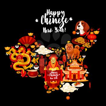 China map with Chinese New Year ornament and symbols. Dragon, lantern and zodiac dog, lucky coin, gold ingot and firecracker, pagoda, firework and god of wealth with parchment and greeting wishes