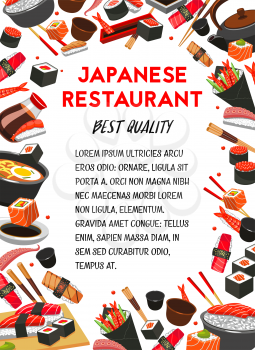 Japanese cuisine restaurant banner with frame of sushi and asian food. Seafood rice, salmon roll, sushi with tuna, seaweed, shrimp and soy sauce, noodle soup with egg and chopsticks poster design