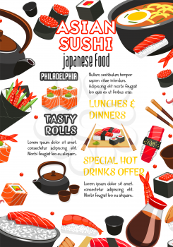 Japanese food, sushi roll and drink restaurant menu banner template. Sushi set with salmon fish, rice, tuna, shrimp and seaweed, chopsticks and soy sauce, noodle soup ramen and traditional tea