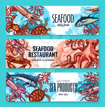 Seafood product banners for restaurant or sea food market. Vector sketch fresh fisherman catch octopus, trout or flounder and shrimp prawn, squid or turtle and lobster crab or salmon and marlin
