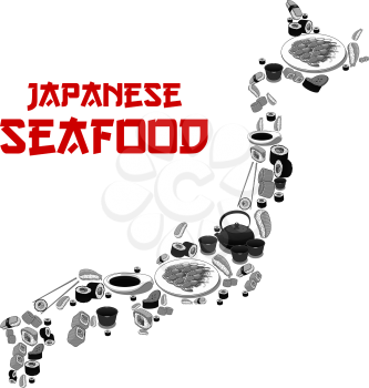 Japanese seafood restaurant or sushi bar poster of Japan map shape. Vector design of fish sushi roll, rice and salmon sashimi, eel or tuna maki and ramen noodle soup or Japanese tea and chopsticks