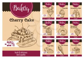 Desserts and cakes price card with discount for bakery shop or cafeteria and cafe. Vector sketch ice cream, berry and fruit cupcake, chocolate biscuit or pies and pastry tiramisu or brownie cookie