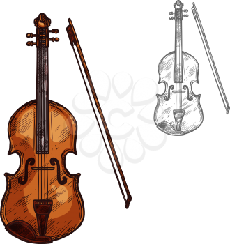 Violin or contrabass musical instrument with bow sketch icon. Vector isolated string music cello or fiddle, violoncello or viola for classic music concert or orchestra jazz festival label design