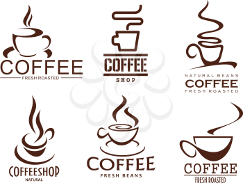 Coffee cups outline of hot steam drink for coffeehouse, cafeteria or coffeeshop cafe sign design. Hot steamy chocolate mug, strong espresso or latte macchiato and americano. Vector isolated icons set