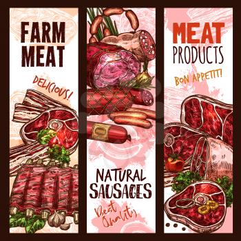 Meat farm products and natural sausages or delicatessen of pork ham, bacon or beef steak brisket, mutton ribs and tenderloin, salami and pepperoni or cervelat. Butcher shop or market vector sketch