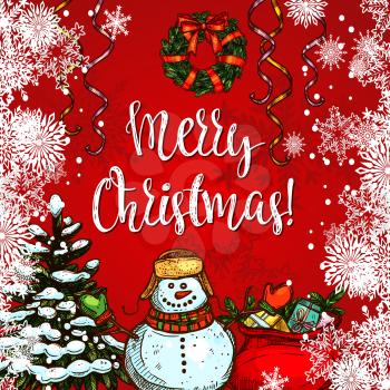 Merry Christmas festive poster with Santa gift bag and snowman. Xmas tree, snowman and presents winter holidays greeting card, decorated with pine branch wreath, ribbon, bow and snowflake sketches