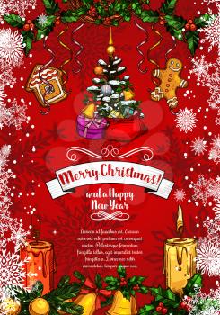 Merry Christmas and Happy New year wishes sketch greeting card for winter holidays. Vector Christmas tree decoration garland of golden bell and holly wreath, candle and gingerbread cookie in snowflake