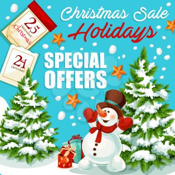 Christmas sale special offer banner for winter holidays discount promotion. Snowman with Xmas tree and gift boxes, decorated by ribbon, star and bow, snowflake and calendar for retail themes design