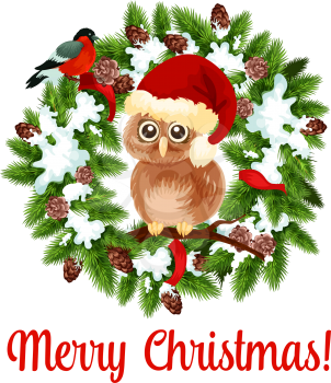 Merry Christmas wish icon of owl in Santa hat on holly of fir wreath garland for winter New Year holidays season greeting card design. Vector bullfinch or Christmas tree decoration of pine cone