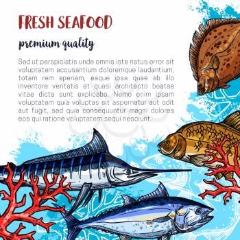 Fresh seafood poster and fisherman fish catch of flounder, marlin or carp and herring. Vector fish or sea food design of salmon, pike or sprats and mackerel for market or restaurant