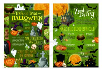 Halloween party invitation posters template for trick or treat horror holiday celebration. Vector Halloween design of paumpkin lantern, coffin and tombstone on cemetery, spooky ghost, black cat or bat
