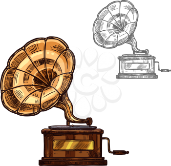 Gramophone phonograph old retro music player or musical instrument sketch icon. Vector isolated vintage turntable talking machine for classic music concert design or orchestra jazz festival label