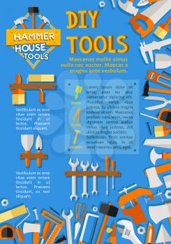 House construction or home repair poster of work tools for woodwork, carpentry and house renovation or decor design. Vector DIY handyman toolbox of grinder, hammer or plaster trowel and paint brush